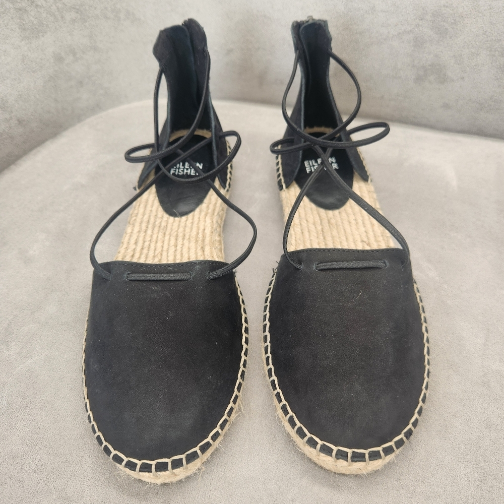 Eileen Fisher Espadrille Sandals 8.5 Black Suede Lace Boho Vacation New $160